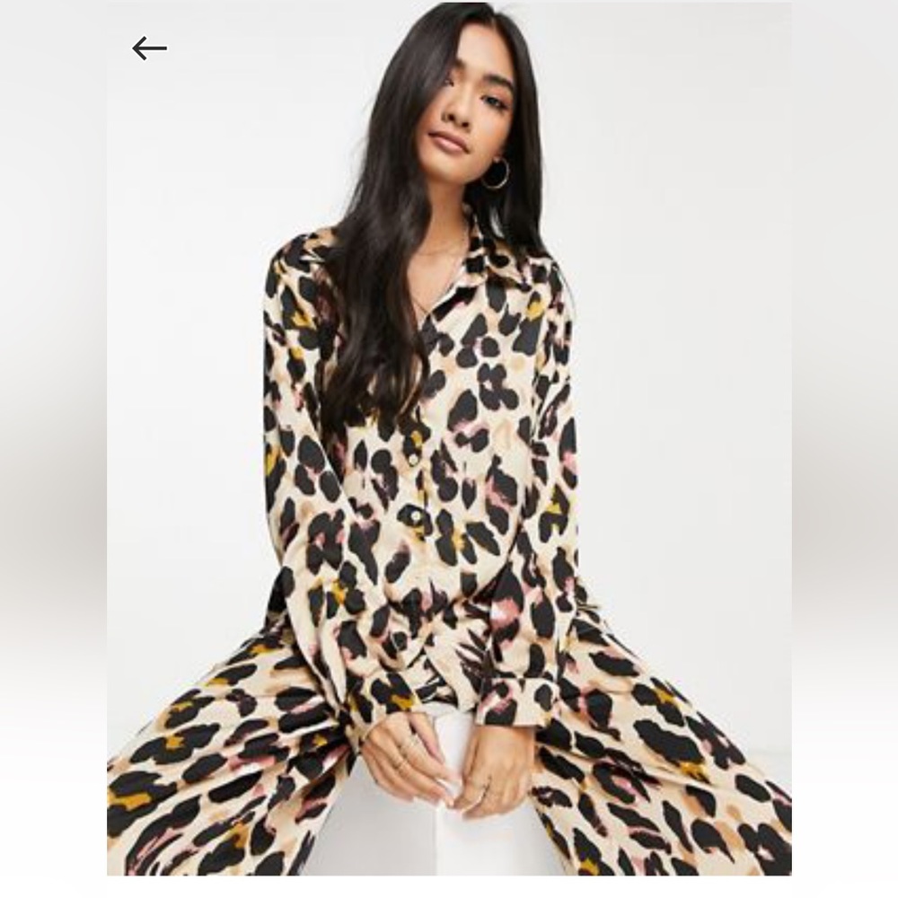 Satin Leopard Print Pants And Button Down Set - image 1